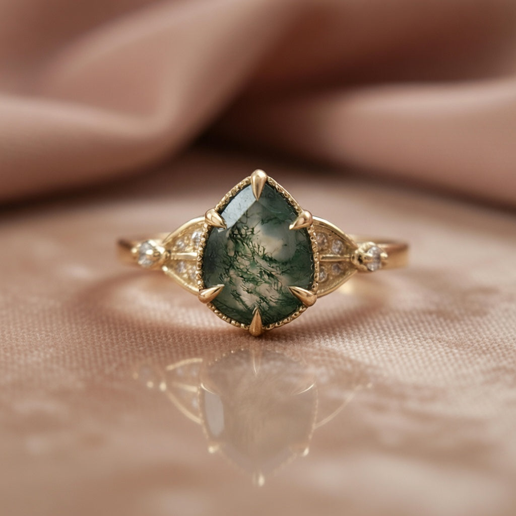Pear Moss Agate Engagement Ring