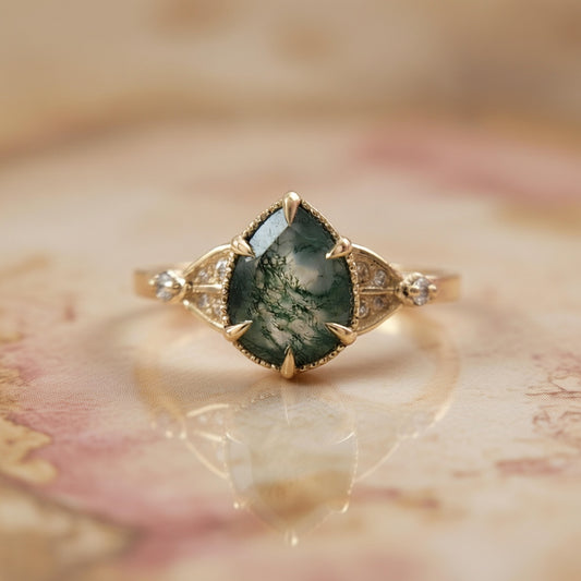 Pear Moss Agate Engagement Ring