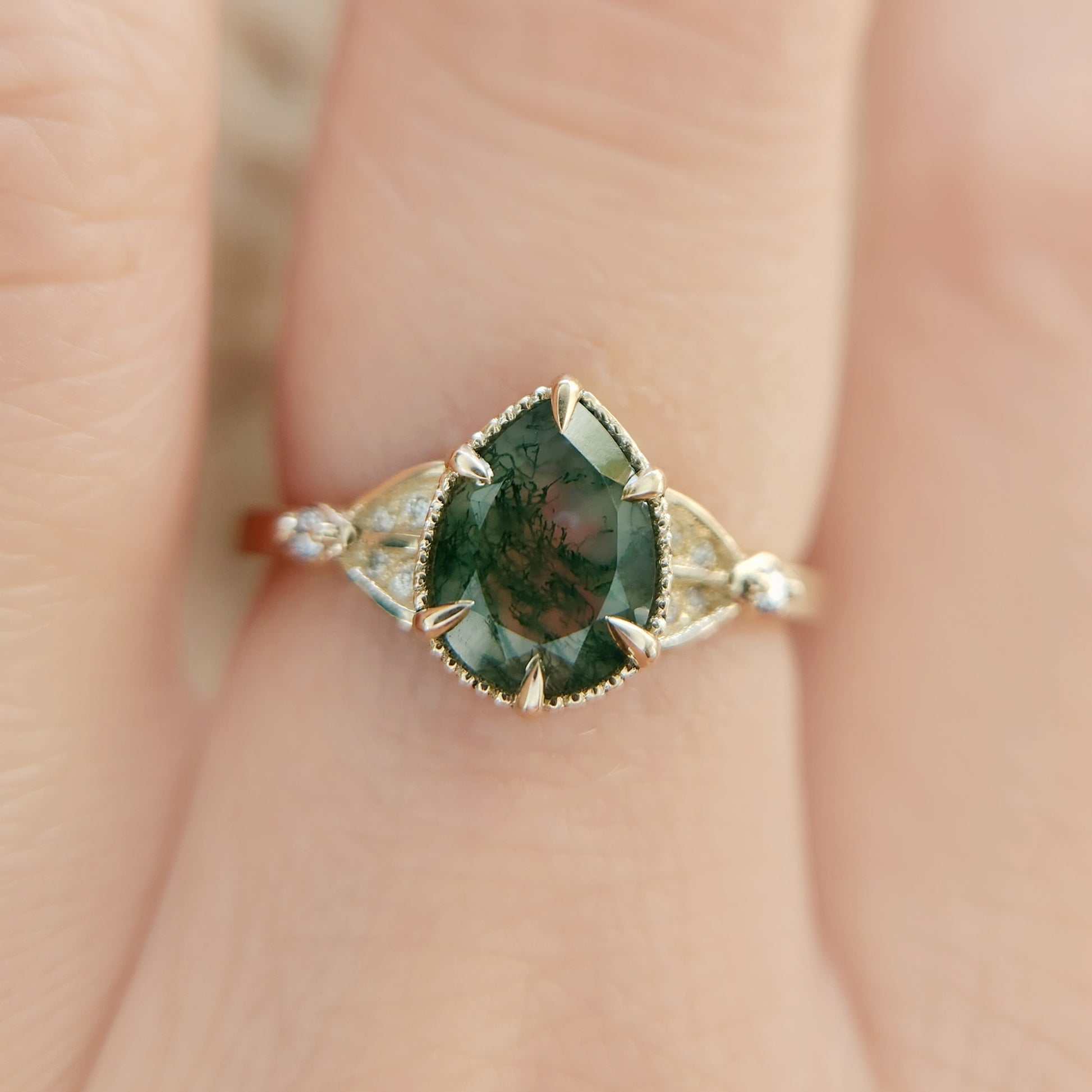 Pear Moss Agate Engagement Ring
