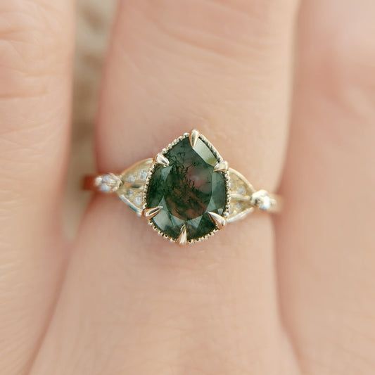 Pear Moss Agate Engagement Ring
