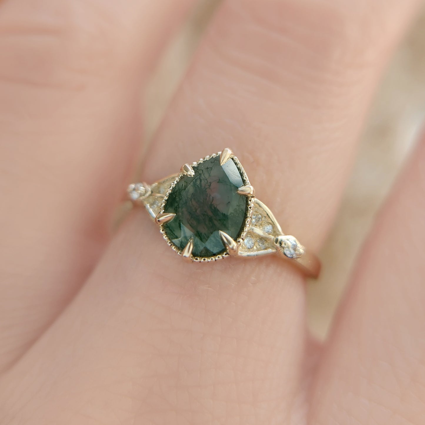 Pear Moss Agate Engagement Ring