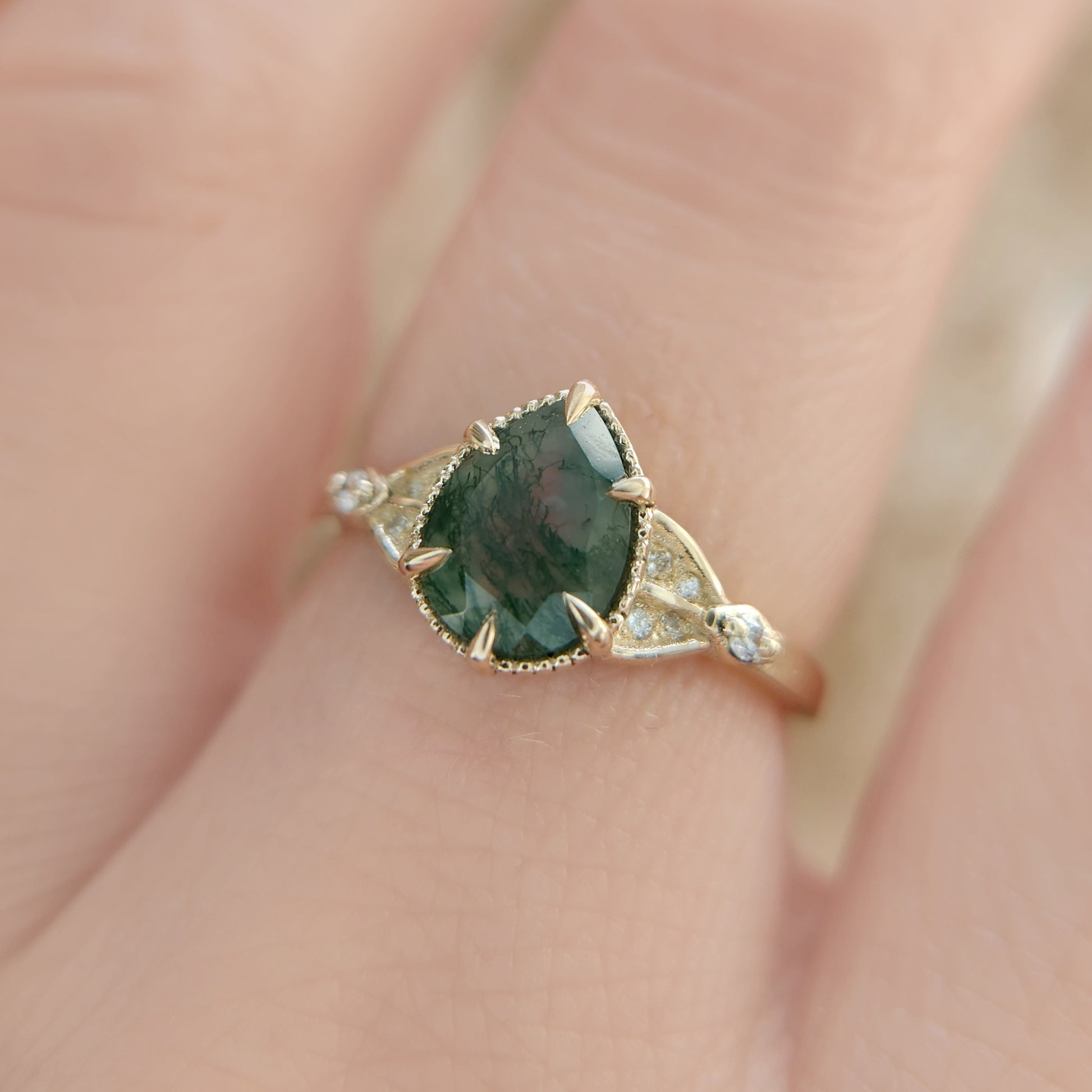 Pear Moss Agate Engagement Ring