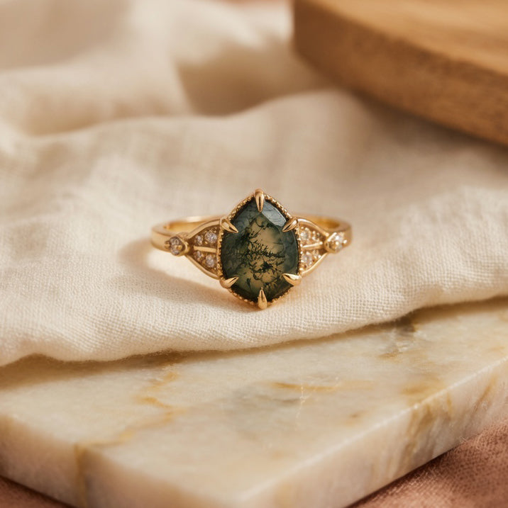 Pear Moss Agate Engagement Ring