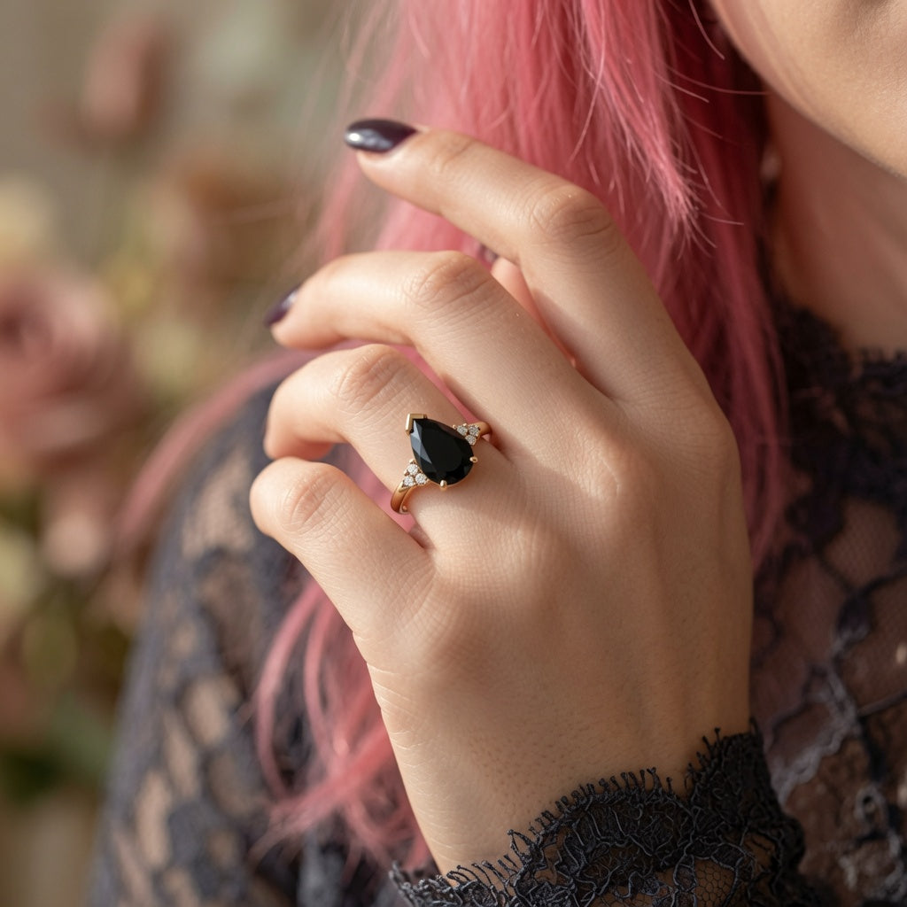10k Yellow Gold Black Spinel Engagement Ring
