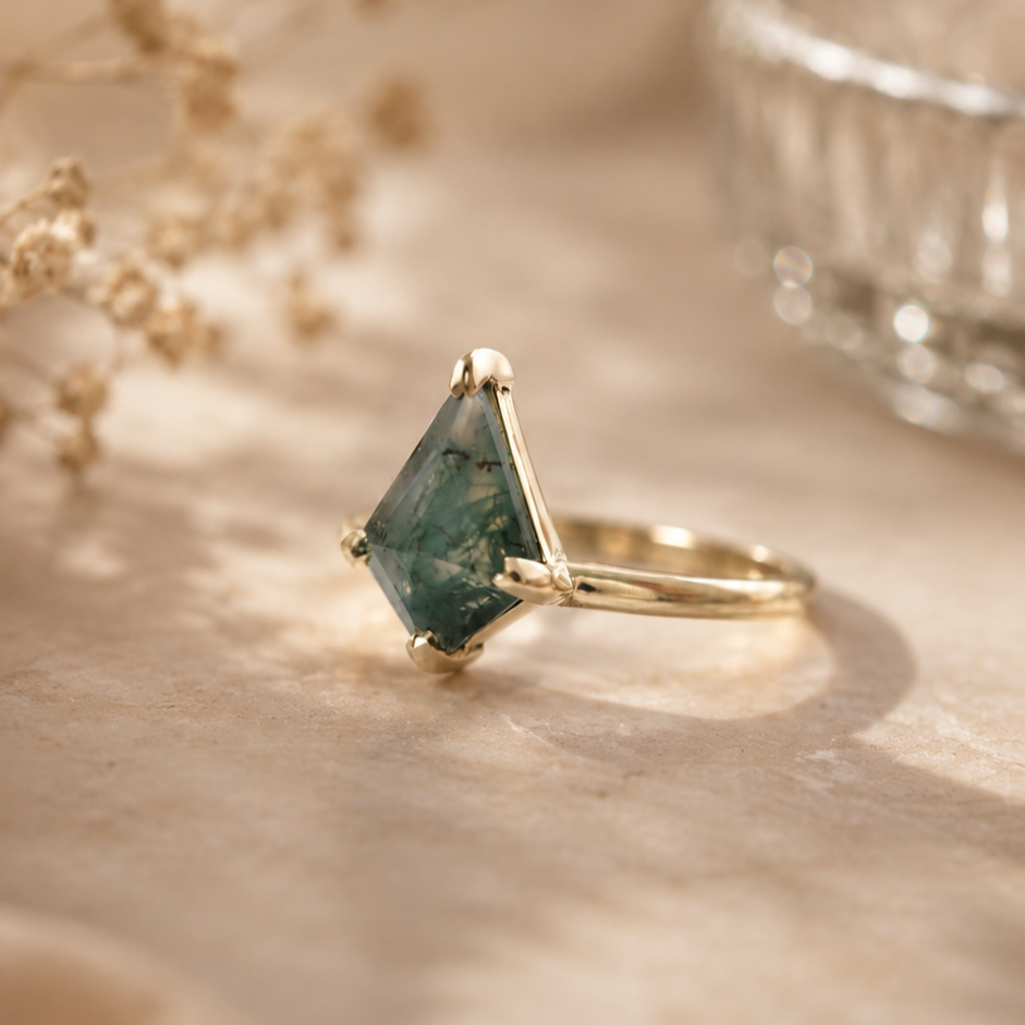 Kite-Cut Moss Agate Engagement Ring
