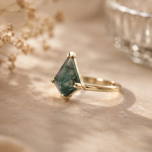 Kite-Cut Moss Agate Engagement Ring