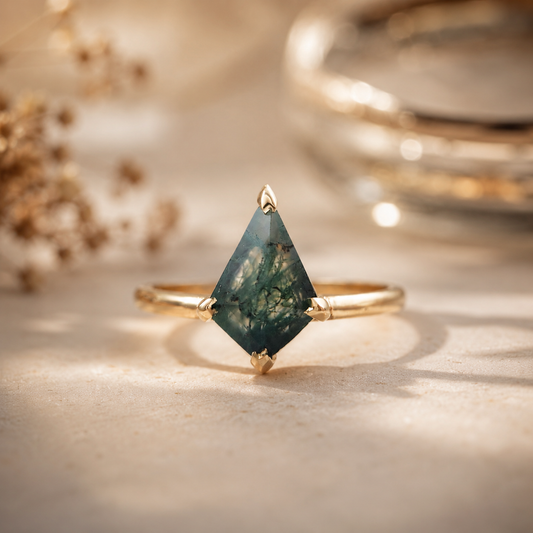 Kite-Cut Moss Agate Engagement Ring