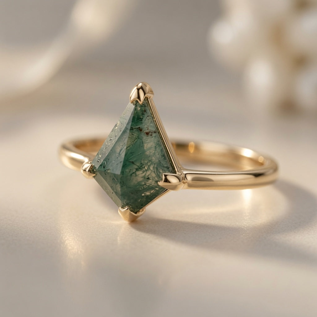 Kite-Cut Moss Agate Engagement Ring