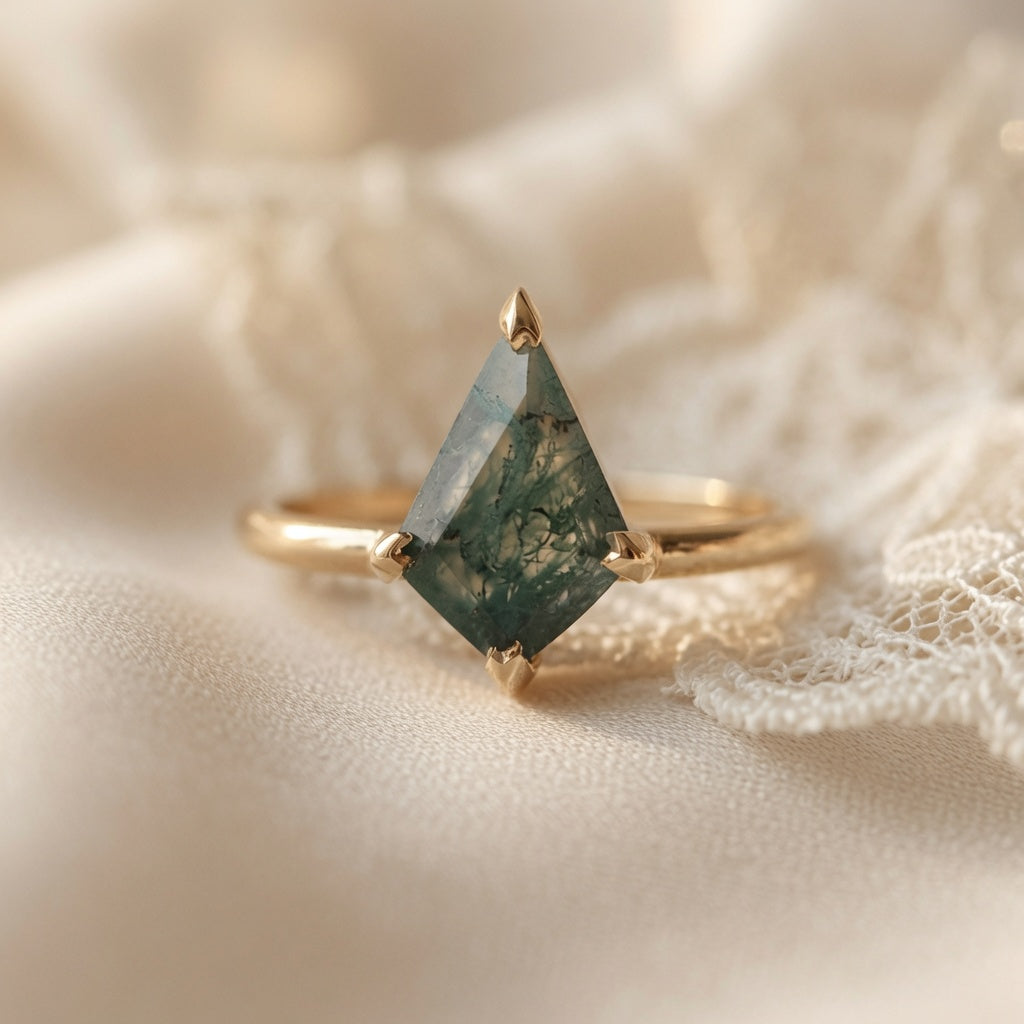 Kite-Cut Moss Agate Engagement Ring