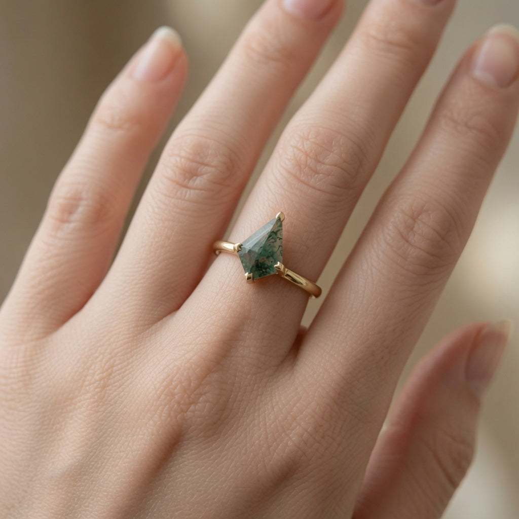 Kite-Cut Moss Agate Engagement Ring