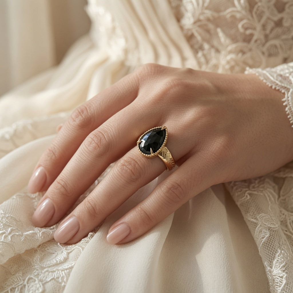 Aceso Black Pear Spinel Engagement Ring